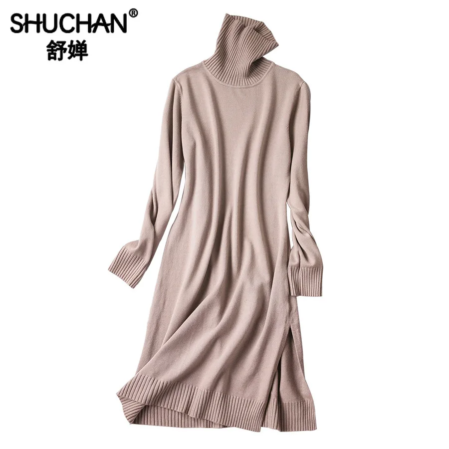 

Shuchan Turtleneck Knitted Dress Winter Autumn 2019 50% Wool+25% Cotton+10%Cashmere+10%Modal+5%Spandex High Quality warm dresses