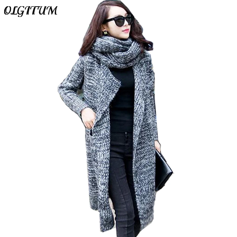 

Hot sale! 2019 Women Casual Knitted Oversized Sweaters Warm Outwear Scarf Collar long Cardigans Autumn Winter Thicken Coat