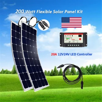 

200w solar system kits; monocystalline semi flexible solar panel 100W 2pcs; 20A LED 12V 24V Auto solar charge controller