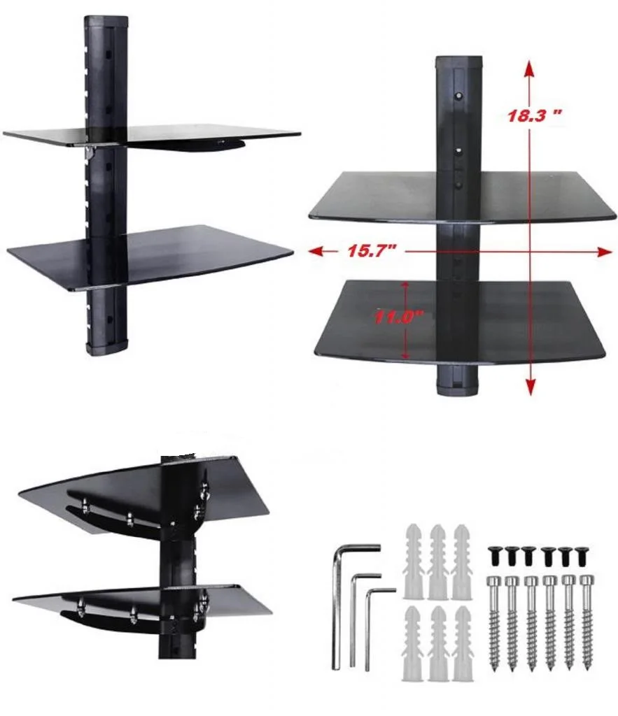 2 Tier Dual Glass Shelf Wall Mount Bracket Under TV Component Cable Box