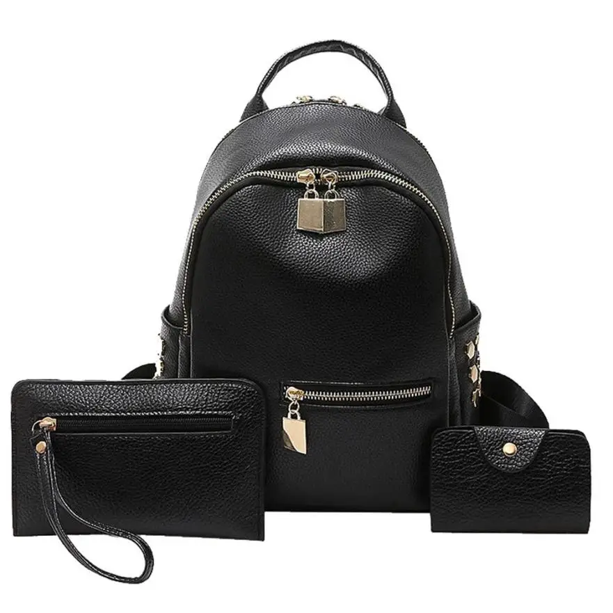 2017 best price Women Black Travel Faux Leather Backpack one set three bags wholesale A2000