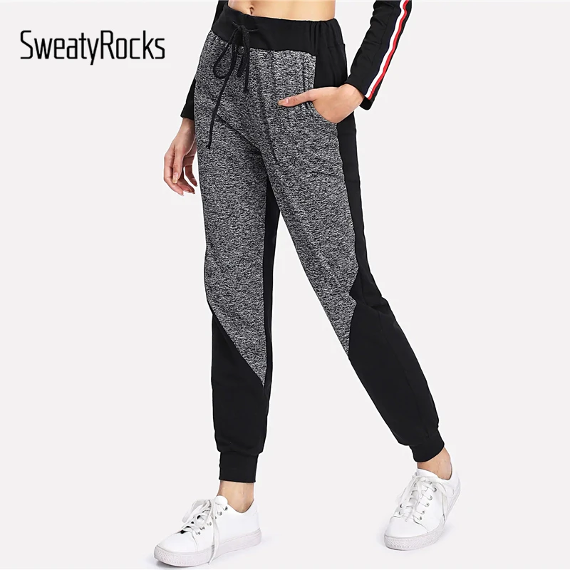 SweatyRocks Marled панельные спортивные штаны с завязками женская спортивная одежда с цветными блоками Морковные брюки весна осень тренировочные повседневные штаны