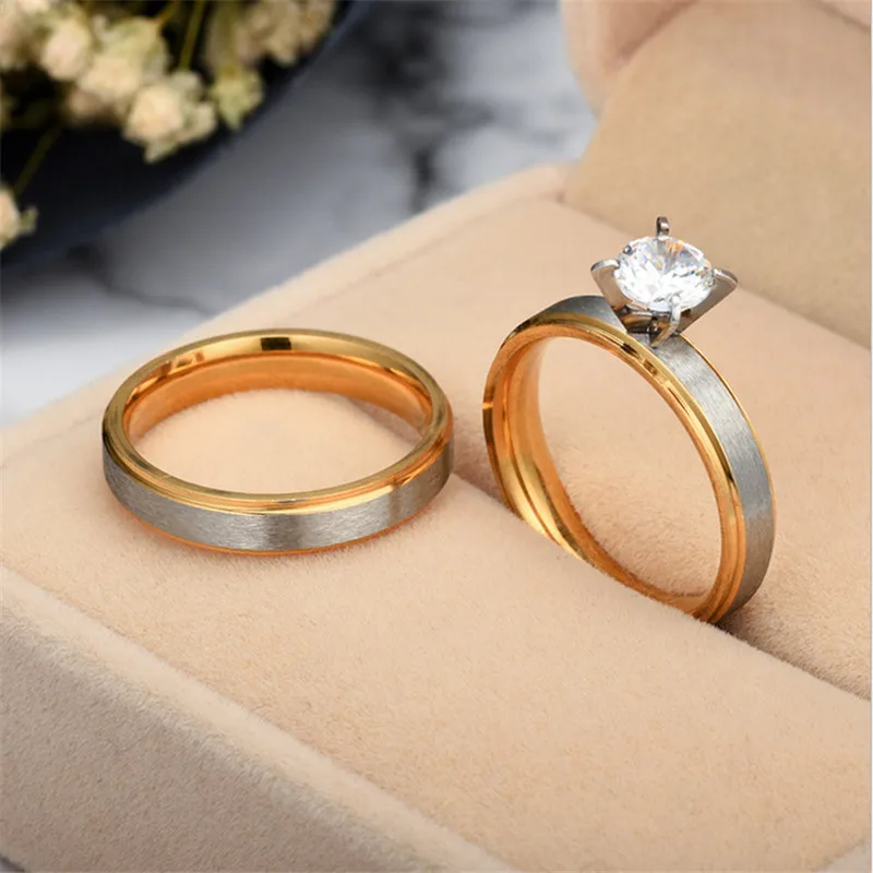 Модные золотые цвета титановая сталь кристаллы Кольца для влюбленных Пара матовая Классическая помолвка Анель ювелирные изделия обручальные кольца для мужчин и женщин
