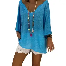 Мода женщин сплошной цвет V шеи случайные свободные футболки средний рукав