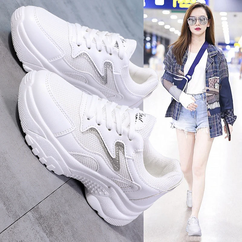 

2019 new spring and summer increased old shoes mesh breathable white shoes casual platform women's shoes