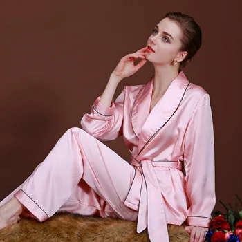 

Turn-down Collar Womens Pajamas Set Silk Solid Women Lingeries Summer Sleeping Clothing Nighty Set Long