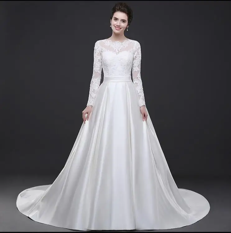 

2017 new wedding dress shoulder twist simple satin wedding long sleeves lace was thin Slim wedding dress