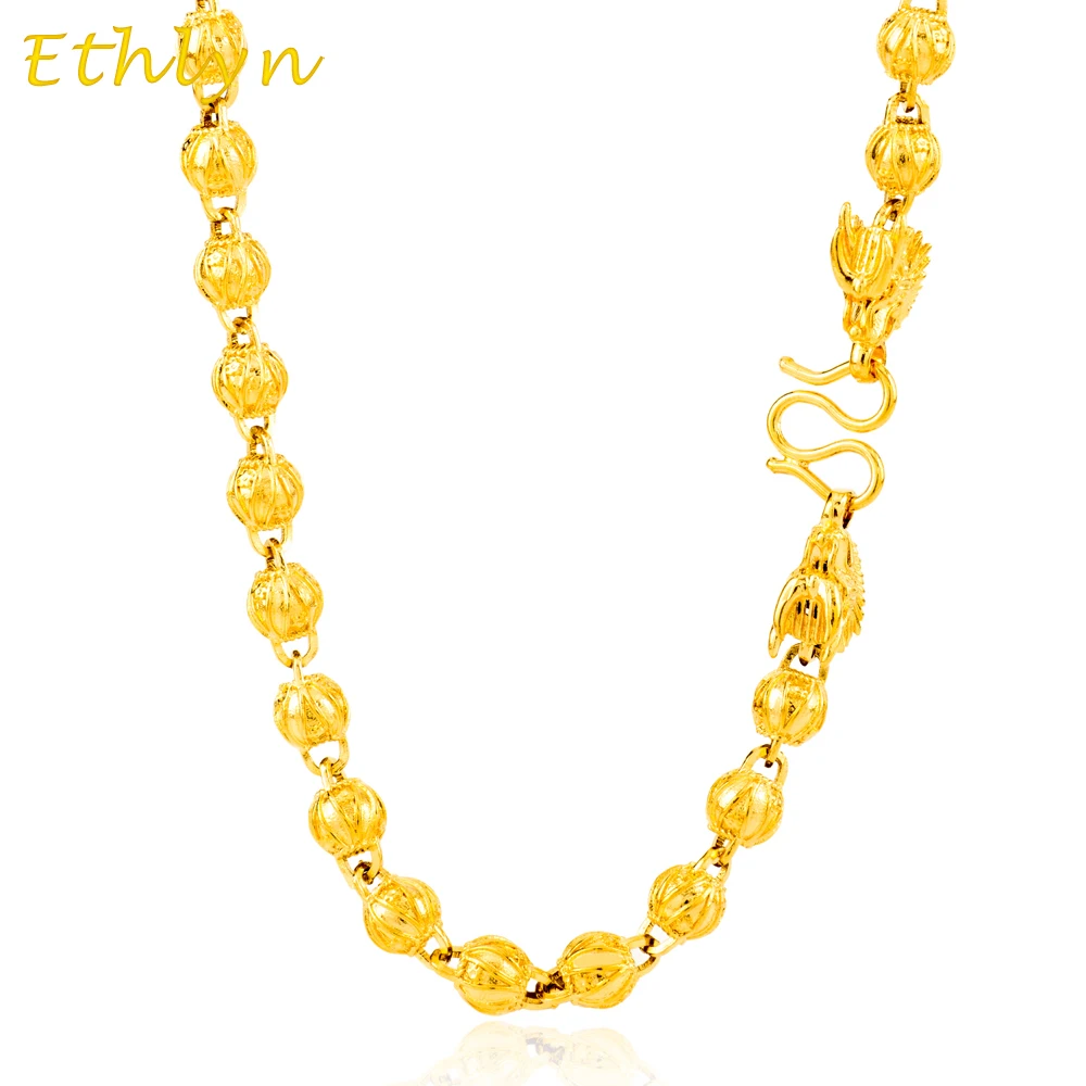 

Ethlyn Dragon head handmade Round bead chain gold Color trendy Thailand/Vietnam men necklace jewelry gift wholesale N018