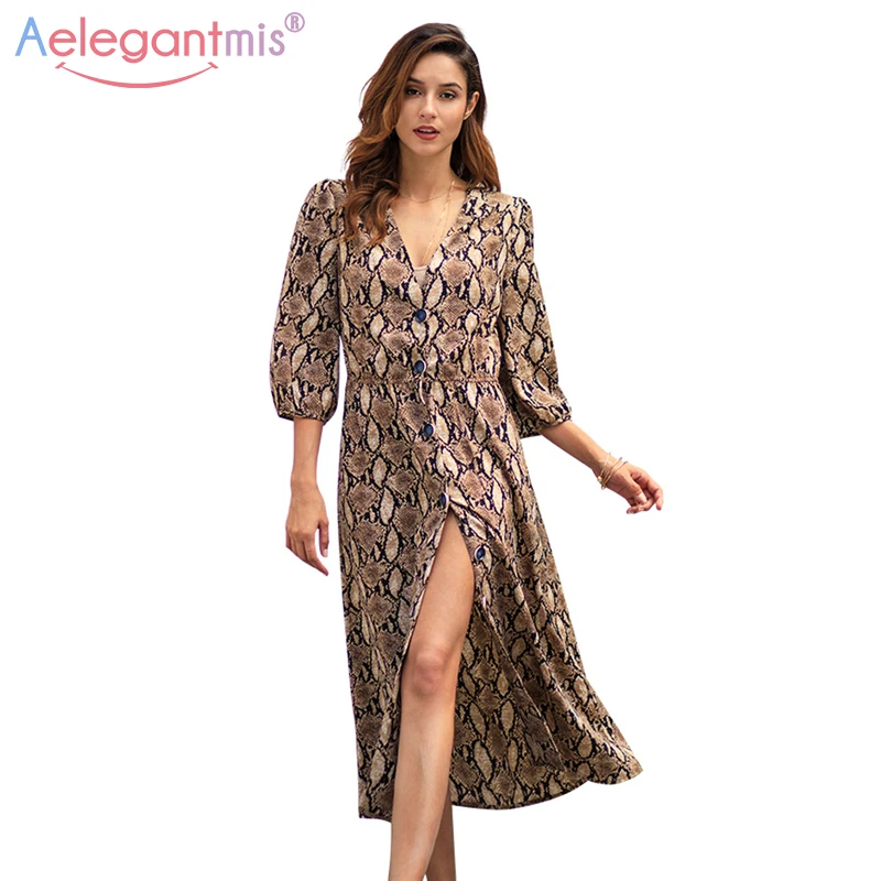 

Aelegantmis Vintage Snake Print Long Dress Women Sexy V Neck Party Dress Ladies Spring Dress Three Quarter Sleeve A-line Dresses