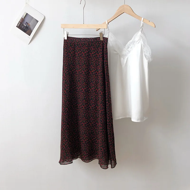 U-SWEAR, летняя шифоновая юбка с цветочным рисунком и оборками,, Женская Корейская трапециевидная миди-юбка с высокой талией, элегантная женская юбка-Русалка