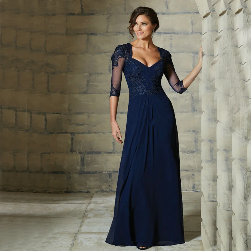 Blu Navy madre della Sposa Abiti Sposo Per La Cerimonia Nuziale partito  Hlaf Manica Pizzo Pantaloni di Chiffon Vestido Madre Da Sposa Low Cost  2017|blue mother|mother of bridemother of the bride -