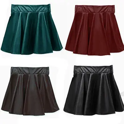 

Hot Fashion Women Girl Faux Leather High Waist Skater Flared Pleated Short Mini Skirt