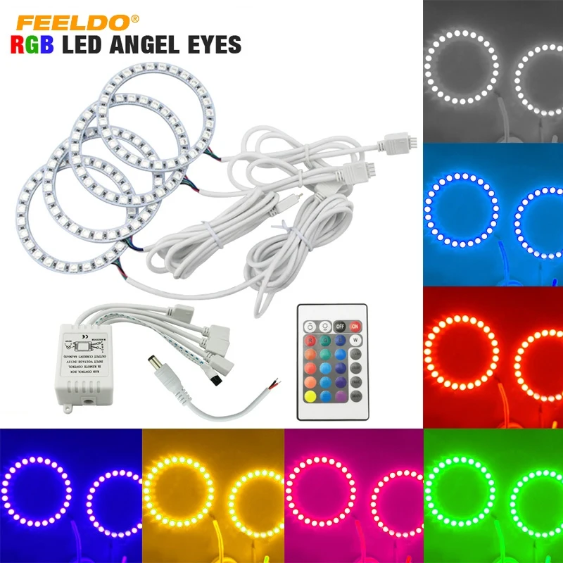 FEELDO 4X 80mm Car RGB 5050 LED Headlight Angel Eyes Halo Ring Light Kit Wireless Remote Control For Lada VAZ 2114 #FD-1161 | Автомобили и