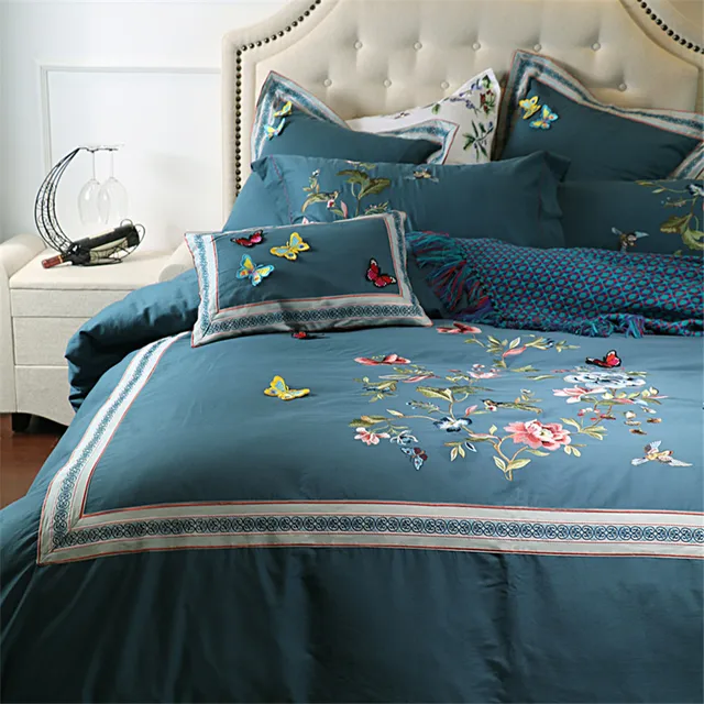 Erfly Flowers Oriental Embroidered Luxury Egyptian Cotton Erfly Flowers Oriental Embroidered Luxury Egyptian Cotton Bedding Sets Queen King Size Duvet Cover Green Thick Bed Sheet Set