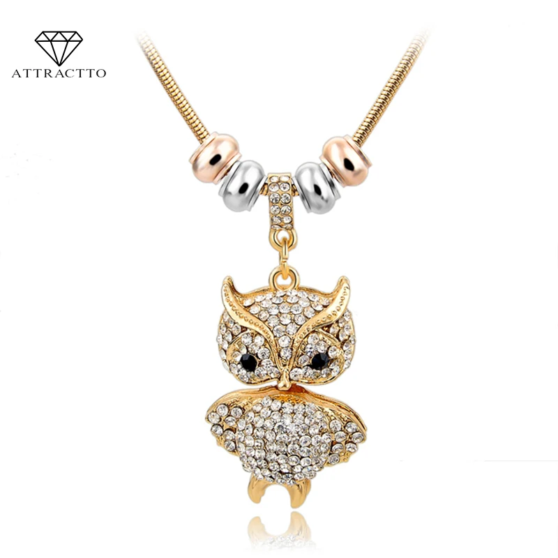 

ATTRACTTO Gold Vintage Statement Long Necklace Women Fashion Crystal Owl Pendants Silver Snake Chain Jewelry Necklace SNE150769
