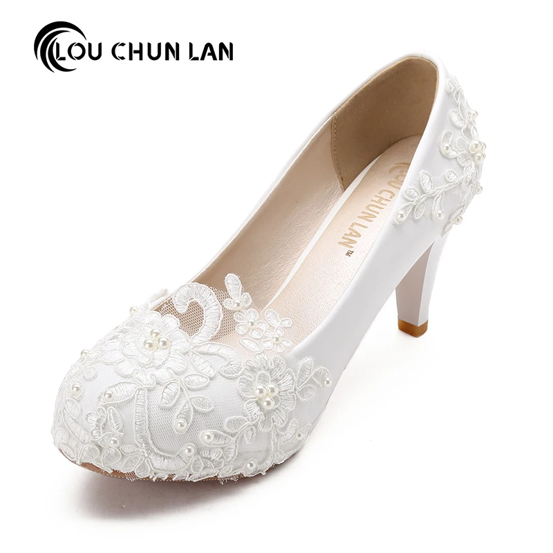 

LOUCHUNLAN Women Shoes Pumps White Handmade Lace Flower Shallow Mouth 8.5cm Heel Wedding Shoes Party Elegant Dress High Heels