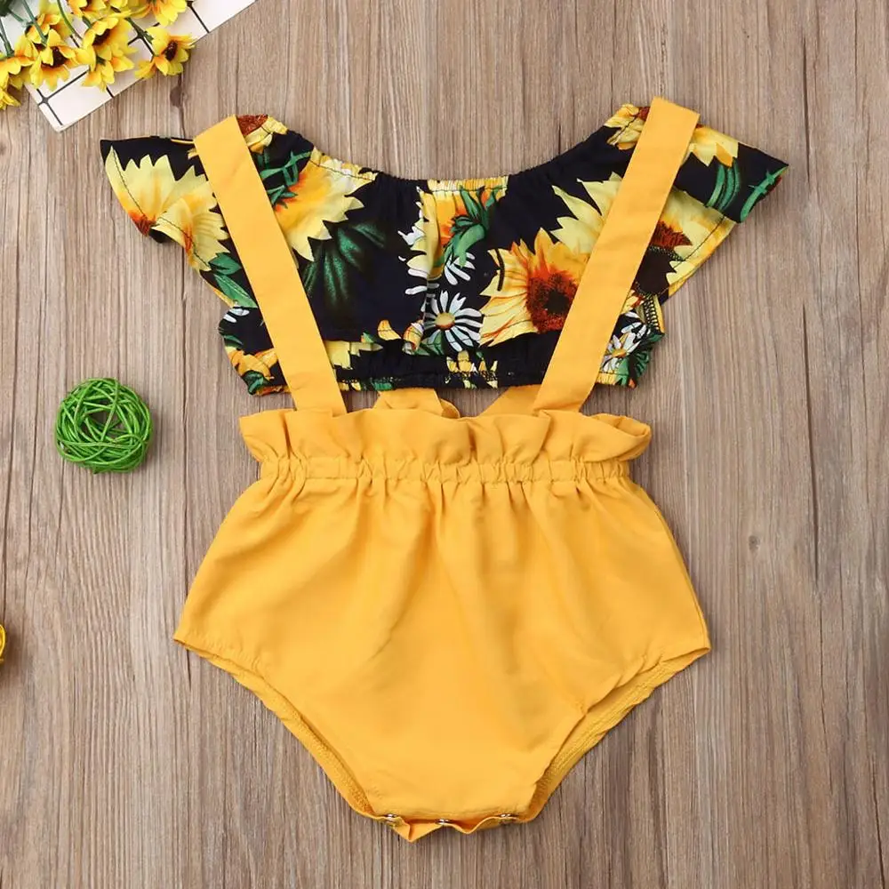 

Infant Baby Girls Ruffled Tops Flower Floral Print Suspender Shorts 2PC Outfits carters baby girl vetement fille 0-18Months