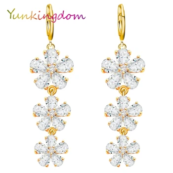 

Yunkingdom white cubic zirconia wedding dangle earrings three flower fashion long earrings for women ALP0127