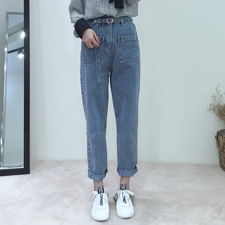 

2019 New Slim Pencil Pants with Sashes Vintage High Waist Jeans New Womens Pants Full Length Pants Loose Cowboy Pants