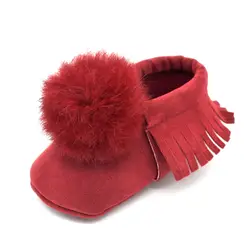 11-13 см для Для мальчиков и девочек помпонами обувь без шнуровки бахромой замшевые мокасины firstwalker для новорожденных prewalker