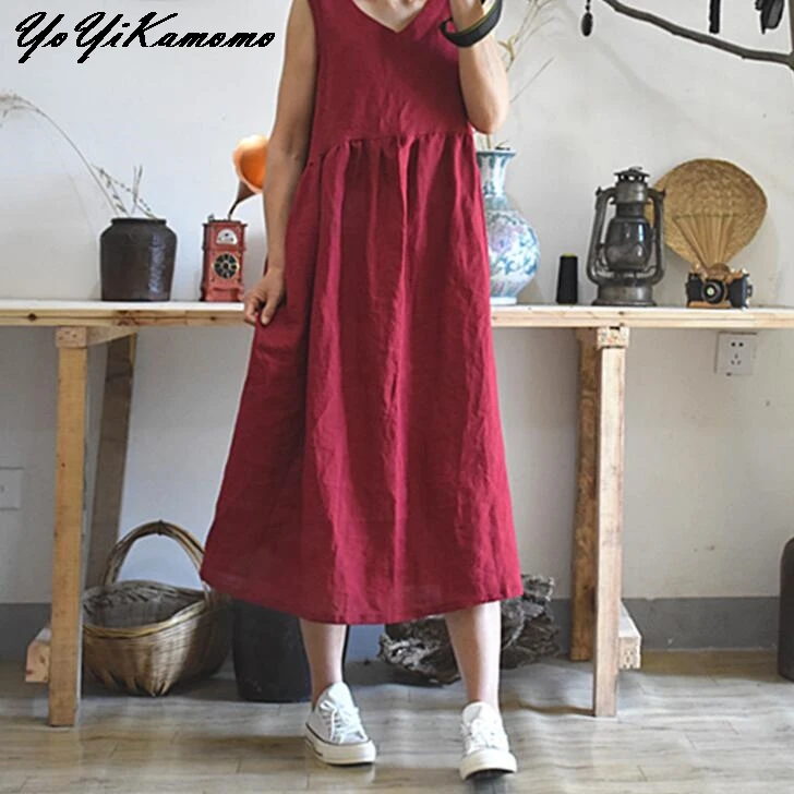 

YoYiKamomo 2017 Women Dress Summer Cotton Original Sleeveless New v-neck Loose Robe Women