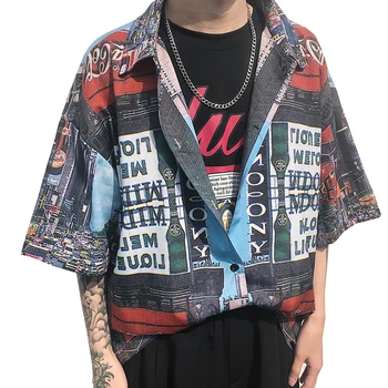 

Hip Hop Streetwear Men Shirt Short Sleeve Harajuku Summer Full Print Graffiti Rapper Mens Printed Shirts Korean Couple Clothes