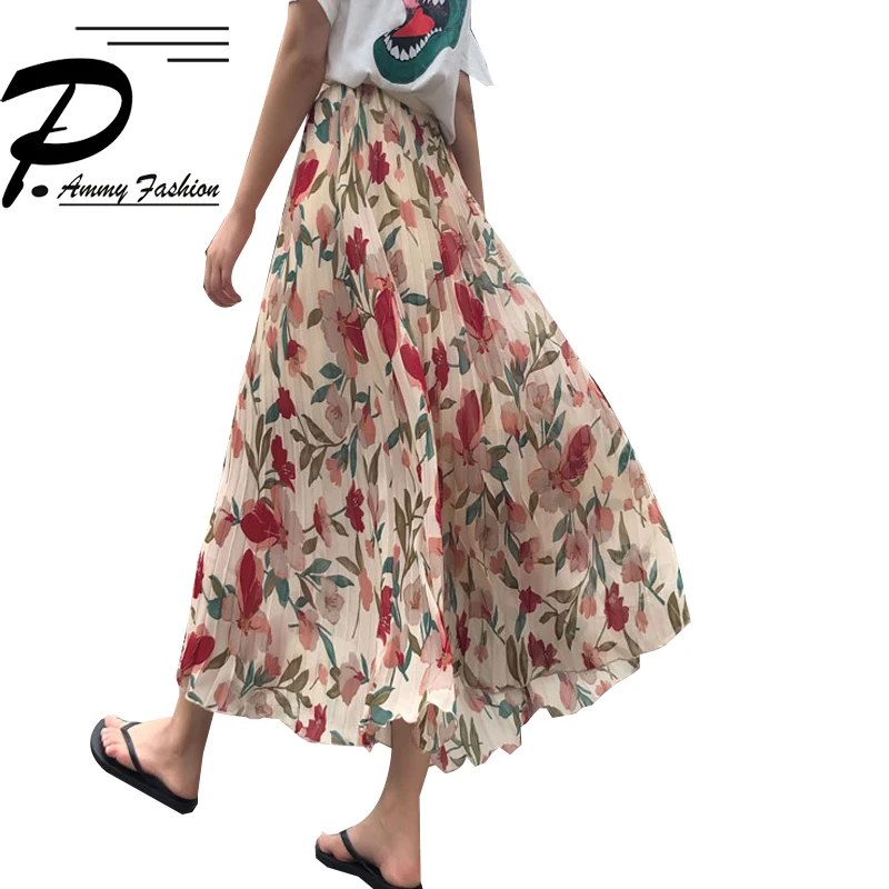 Плиссированная шифоновая юбка 2019 сезон: весна-лето новая волна мода эластичный пояс маленький цветочный юбка плюс размеры Фея длинная