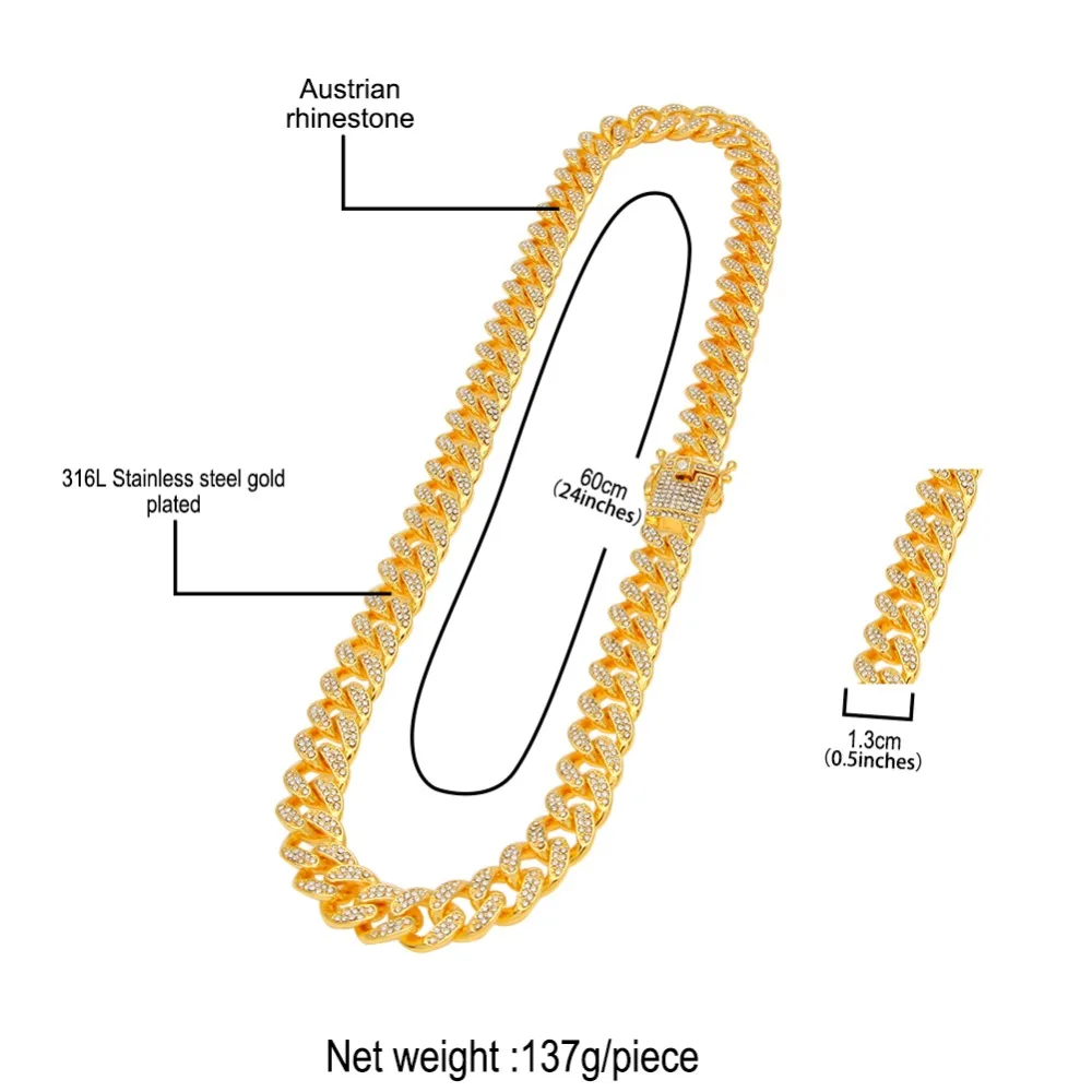 13 мм, кубинское ожерелье, цепочка в стиле хип-хоп, Ювелирное колье, золотое, серебряное, со стразами, CZ застежка для мужчин, рэппер, модные ожерелья, звено