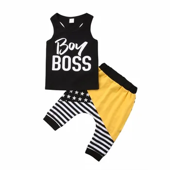 

Boy Boss Newborn Toddler Baby Kids Boys Summer Sleeveless Vest Tops+Striped Patchwork Harem Pant Shorts 2PCS Outfits Clothes Set