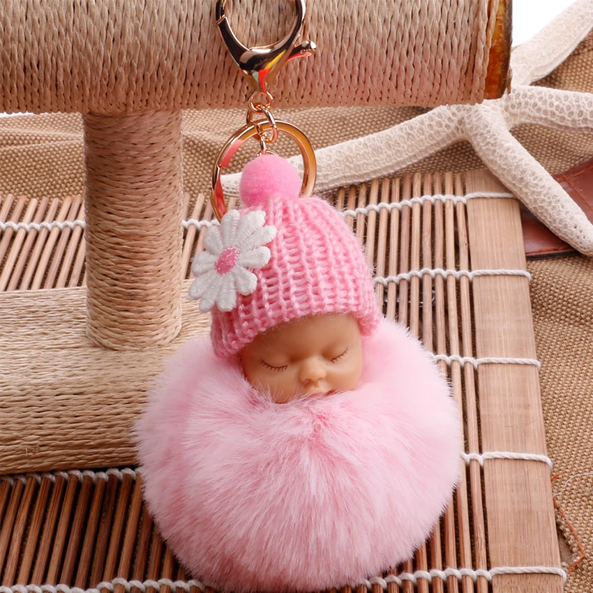 Брелок для ключей спальный ребенок кукла цветок помпон кролик меховой шар брелок
