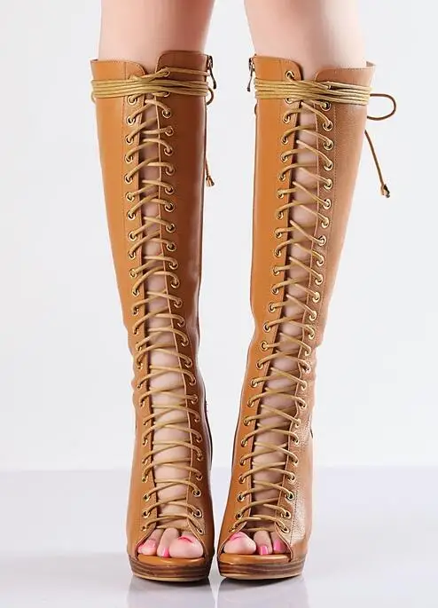 

Real Photo Women Brown Peep Toe Crossed Tied Knee High Boots Autumn Fashion Size Zipper Hollow Out High Square Heel Shoes