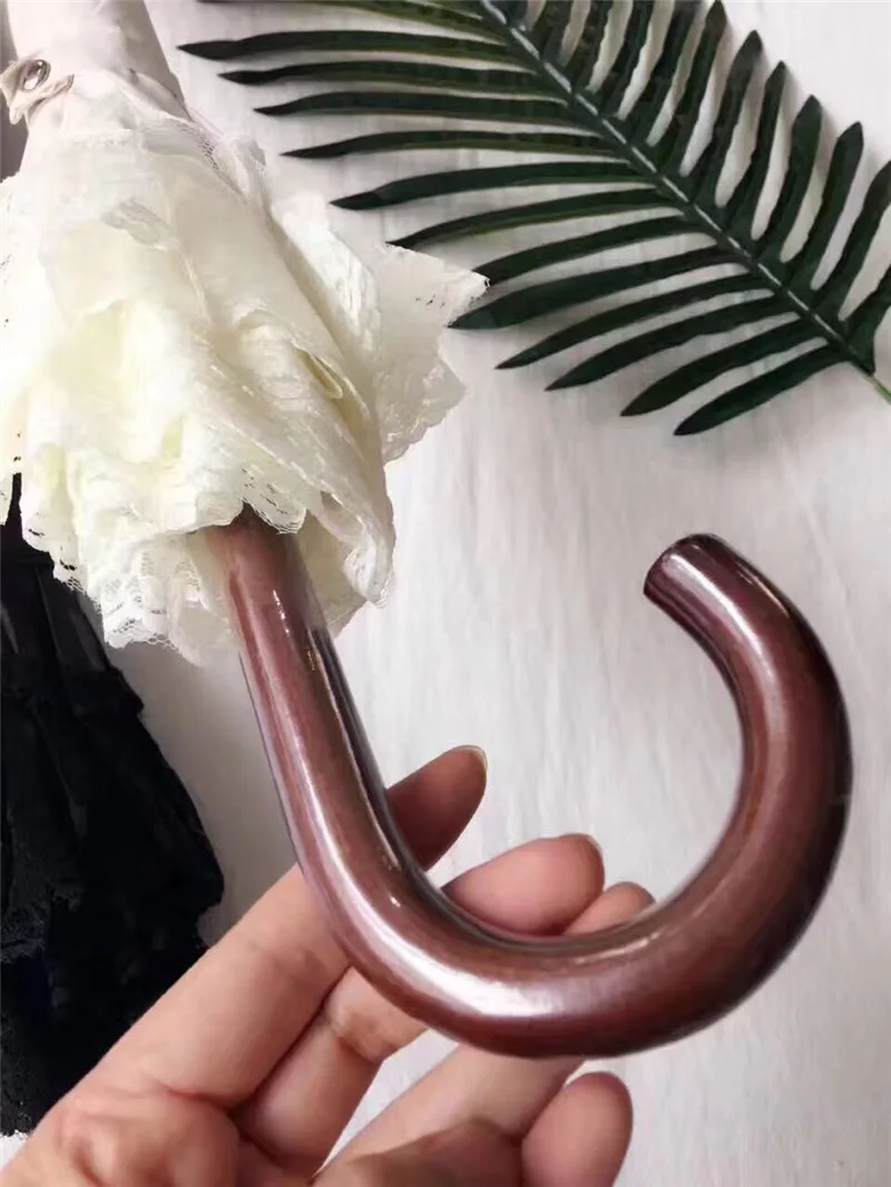 Lace dark flower small ocean umbrella long handle lady UV protection sun umbrella wood umbrella handle 8 bone manual zara*women