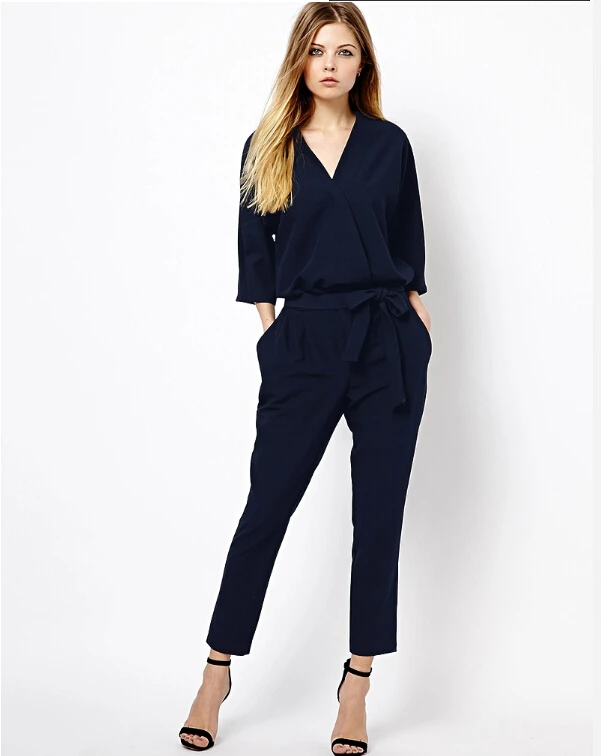 2015 New Bodycon Women Jumpsuits V Neck Three Quarter Sleeve Jumpsuit
