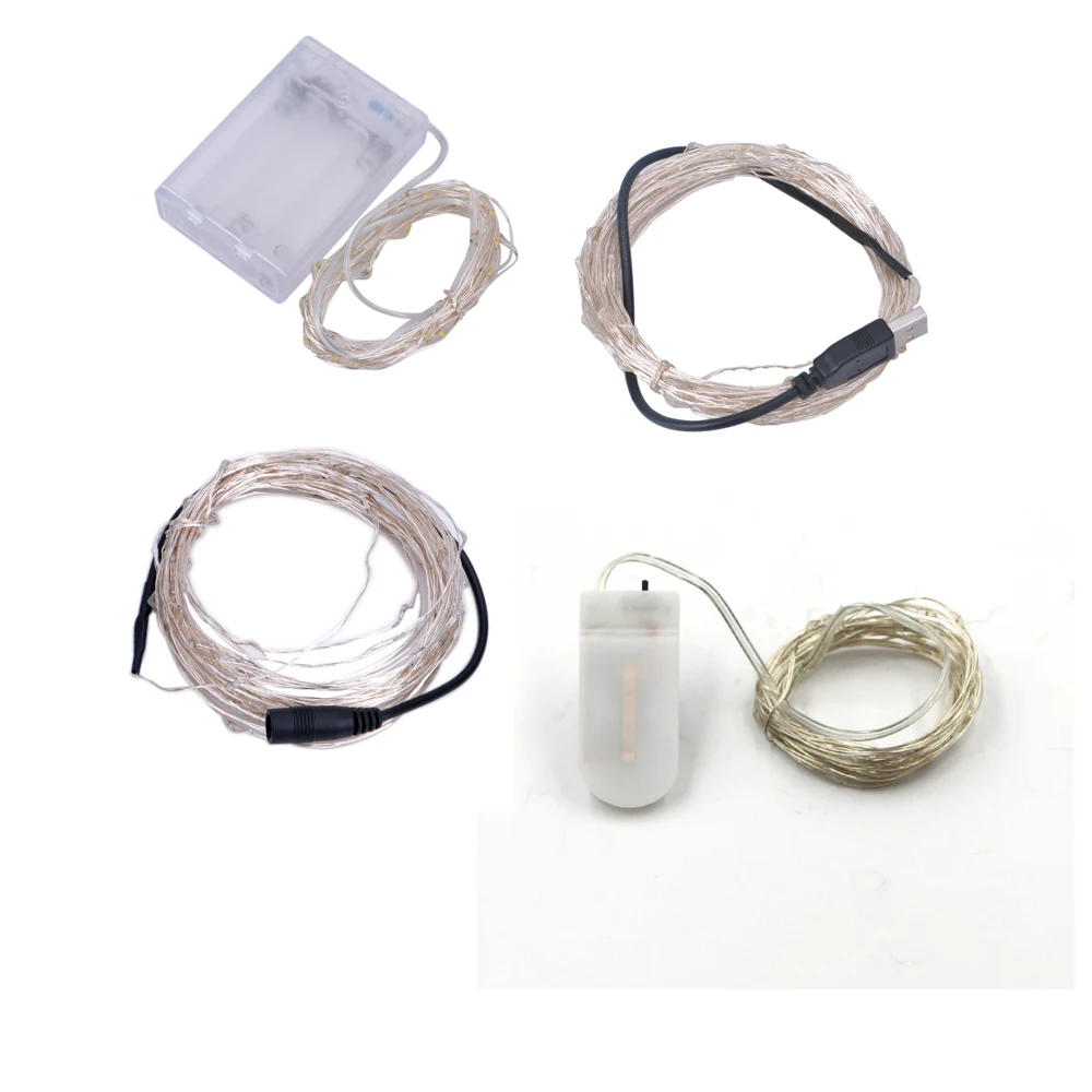Светодиодные сказочные огни 5 м 10 М медный провод CR2032 Кнопка батарея usb