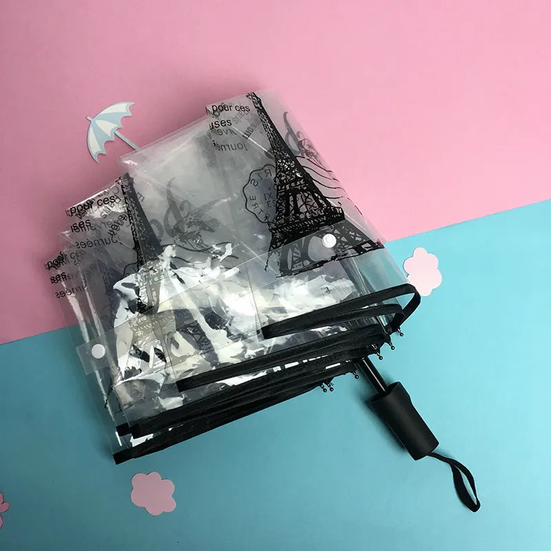 

Outdoor Automatic Open Close Folding Umbrella Female Compact Windproof Rain Transparent Parasol