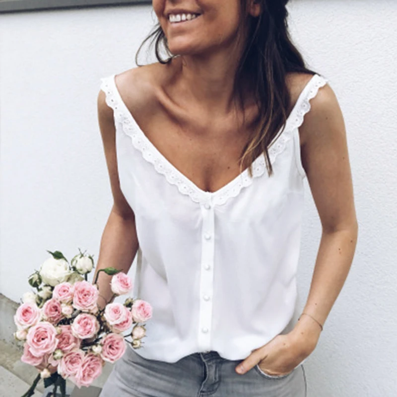 

Women Solid V-neck Vest Casual Lace Sleeveless Blouse Summer Loose Tops Blouses