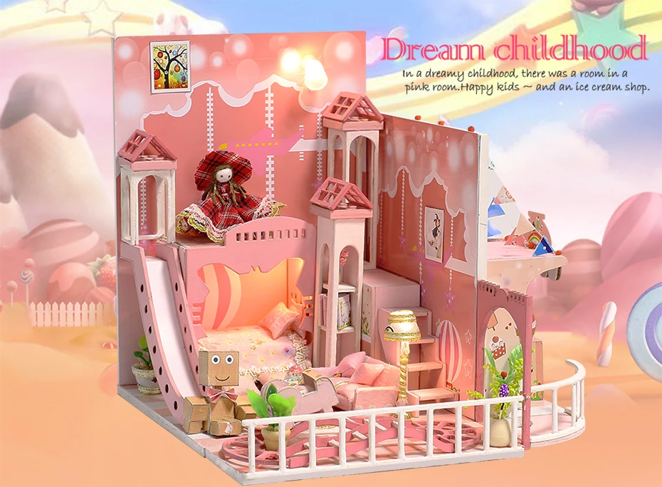 Мечта детство розовый Кукольный дом 3D миниатюрные кукольный домик игрушки Дети DIY Мини Принцесса деревянный дом мебель комплект для