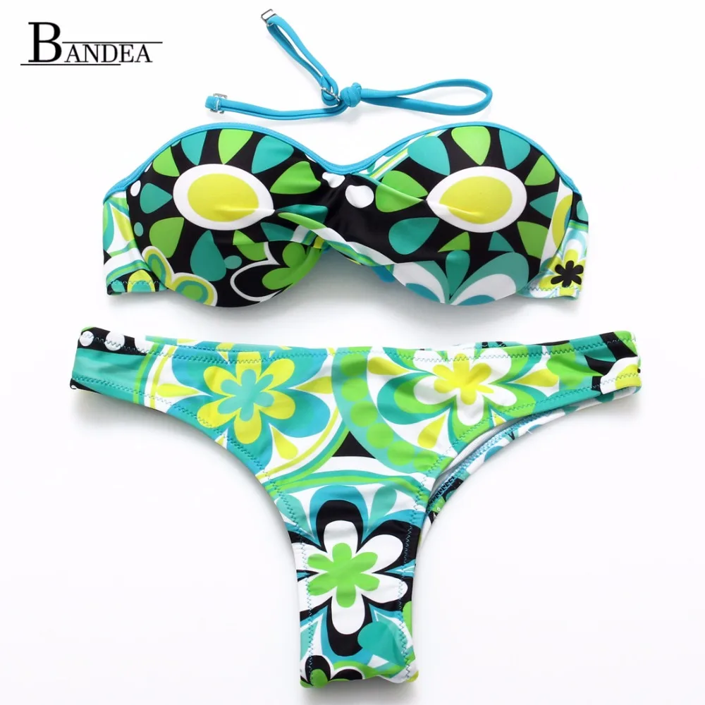 2016 Women Halter Bandeau Push UP Swimwear Sexy Floral Printed Bikini Beachwear Swimsuit Biquini bikinis Set
