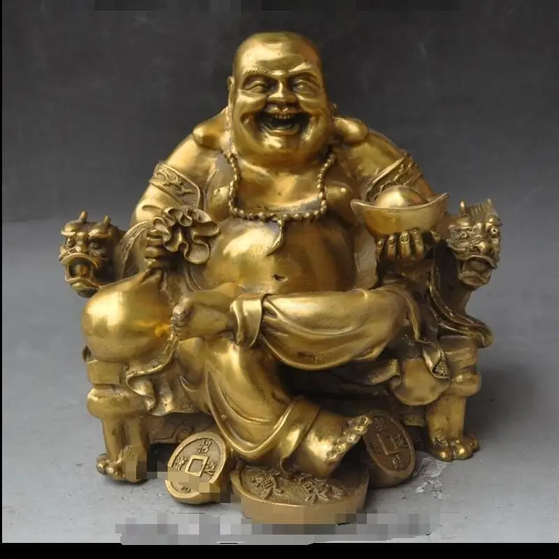 

wangshun803+++China Brass wealth yuanbao money Seat dragon chair lucky Maitreya Buddha statue
