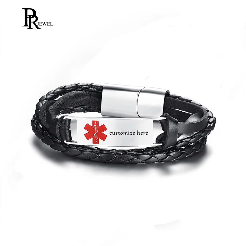 Free Engraved Message Stainless Steel Medical Alert ID Braided Leather