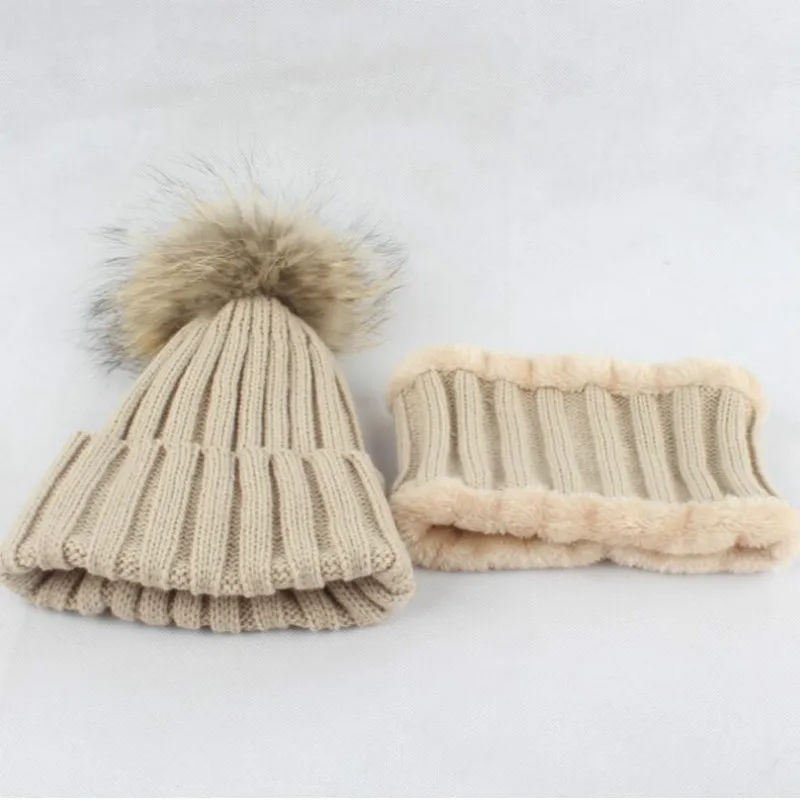 Детские шапки и шарфа комплекты помпон натуральный мех зимой шарф шляпа наборы для детей мальчиков и девочек меховым помпоном вязаный шарф и шляпа утолщенной теплые