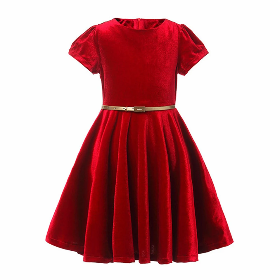 Pettigirl-Red-Girl-Velvet-Solid-Dress-With-Gold-Sash-Short-Sleeve-Dress-Christmas-Children-Casual-Clothing
