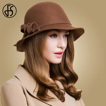 

FS 100% Wool Women Floppy Felt Hats Vintage Black Fedora For Church Hat Ladies Autumn Winter Wide Brim Cloche Bowler Bowler Cap