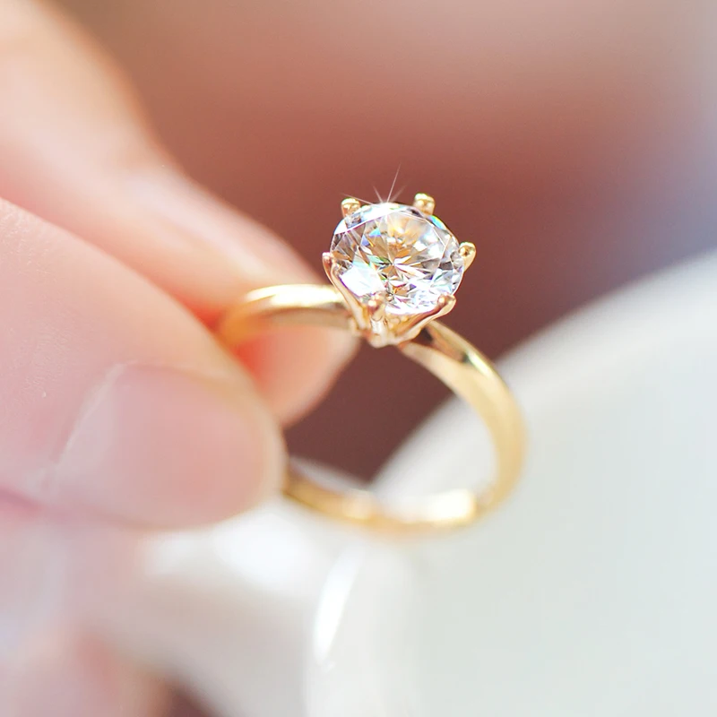 

90% OFF! Original 925 Silver Base Then Pure Gold Plating Wedding Ring For Women Round 1 Carat Stone Fine Jewelry Rings Girl Gift