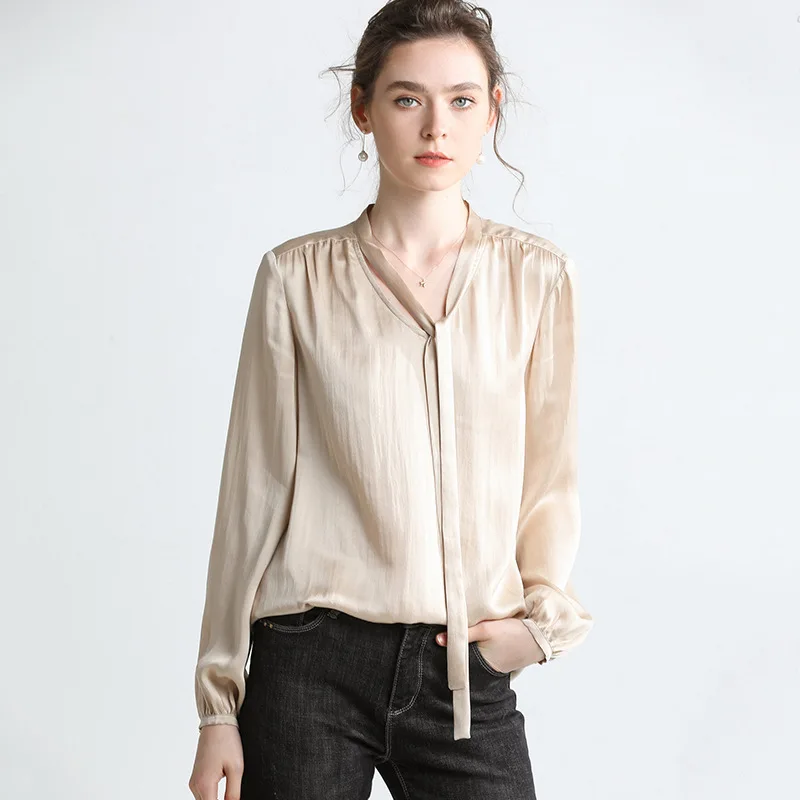 

High quality customization100% silk chiffon blouse Europe fashion clothing champagne shirt women long sleeve shirts Light green