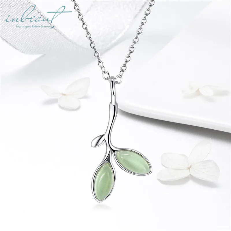 

inbeaut Silver Green Leaf Pendant Necklace Original Design Tree of Hope Bubs Beads Necklaces for Women Leaves Shaped Jewelry