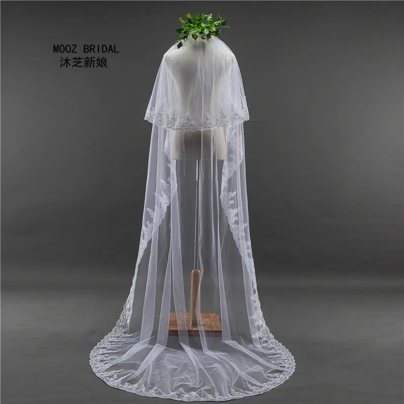 

Vintage Bridal Veils White Ivory 2T Tullel Elbow Length Lace Edge Appliques Cathedral Length Custom Made Sequins Wedding Veil