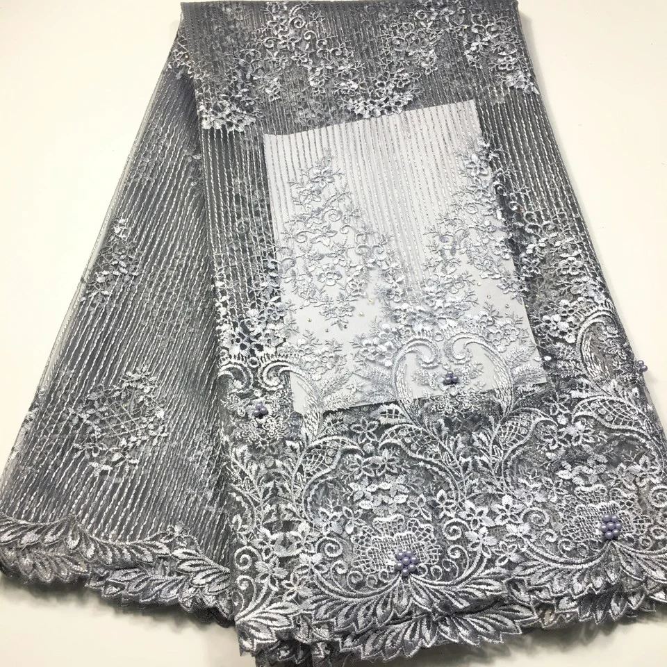 Синяя африканская кружевная ткань, Высококачественная кружевная французская сетчатая ткань с бисером, нигерийская швейцарская кружевная ткань для платья M2288