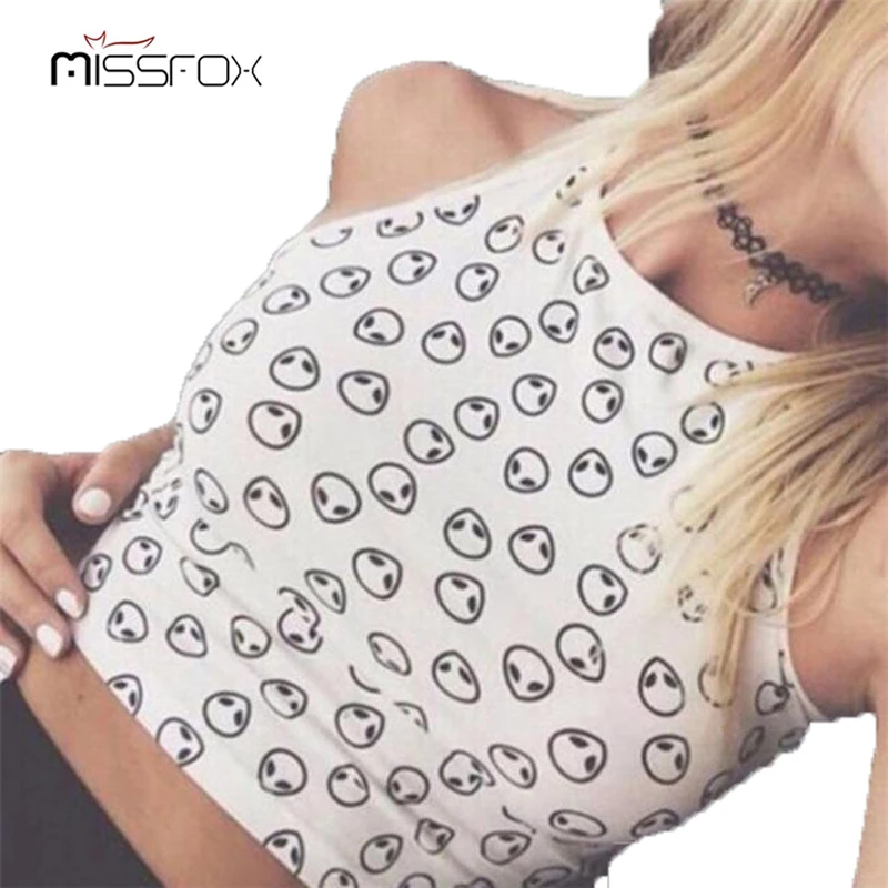 Miss Fox 2018 Summer New Printed Extraterrestrials Crop Tops Female Sexy O-neck Vest Top Women Streetwear Harajuku | Женская одежда