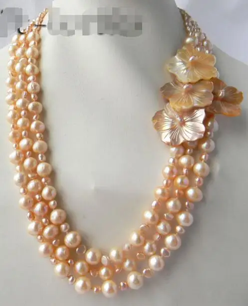 

Free shipping hot sale Women Bridal Wedding Jewelry >> 3Strands 21'' 10mm Pink Round Freshwater Pearl Shell Flower Necklace